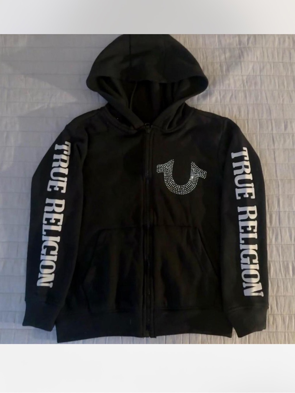 True Religion Black Rhinestone Logo Zip Hoodieu